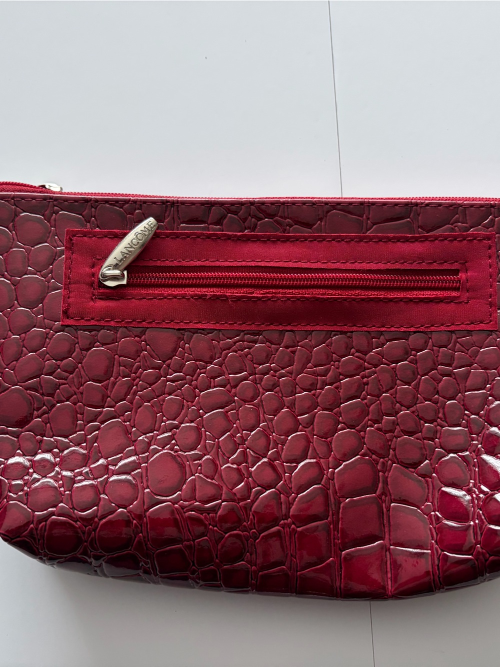 Croc-Embossed Red Cosmetic Pouch with Zip Pocket